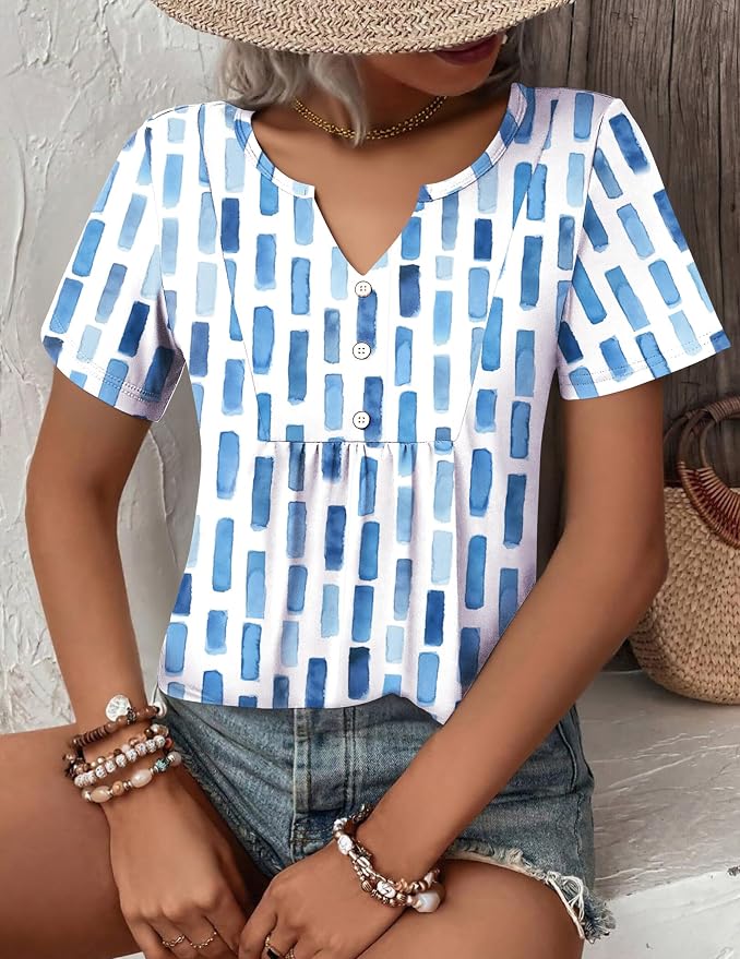 Zeagoo Womens Short Sleeve Tops Summer Henley V-Neck Tshirts Casual Pleated Blouse Dressy Loose Floral Basic Tee - Image 4