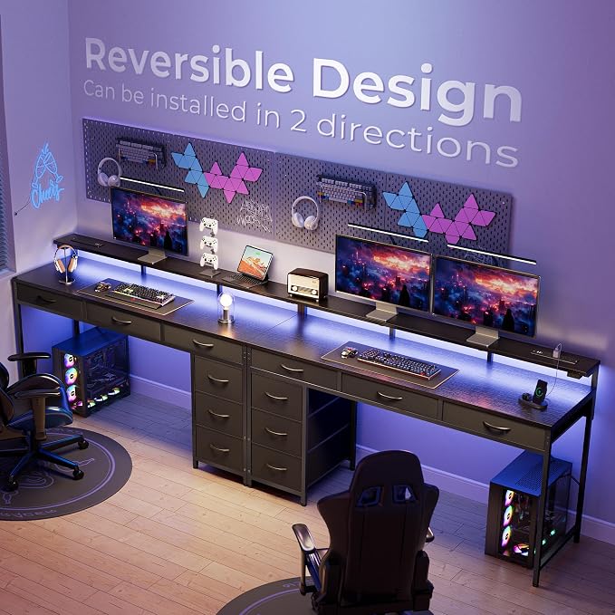 Huuger Gaming Desk with 6 Drawers, Computer Desk with LED Lights Power Outlets and Type-C, 55 Inch Office Desk with Storage, Monitor Stand, Writing Desk Work Desk Home Office, Bedroom, Black, 1CD102B - Image 9