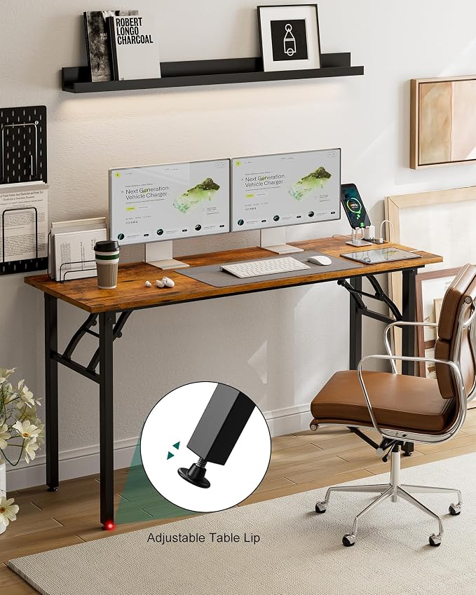 Frylr Small Folding Computer Desk – 55.1 Inch Portable Table for Craft and Study, Lightweight Desk for Small Spaces, Foldable Laptop Table Built-in AC/USB Outlets for Convenience, Rustic Brown - Image 8