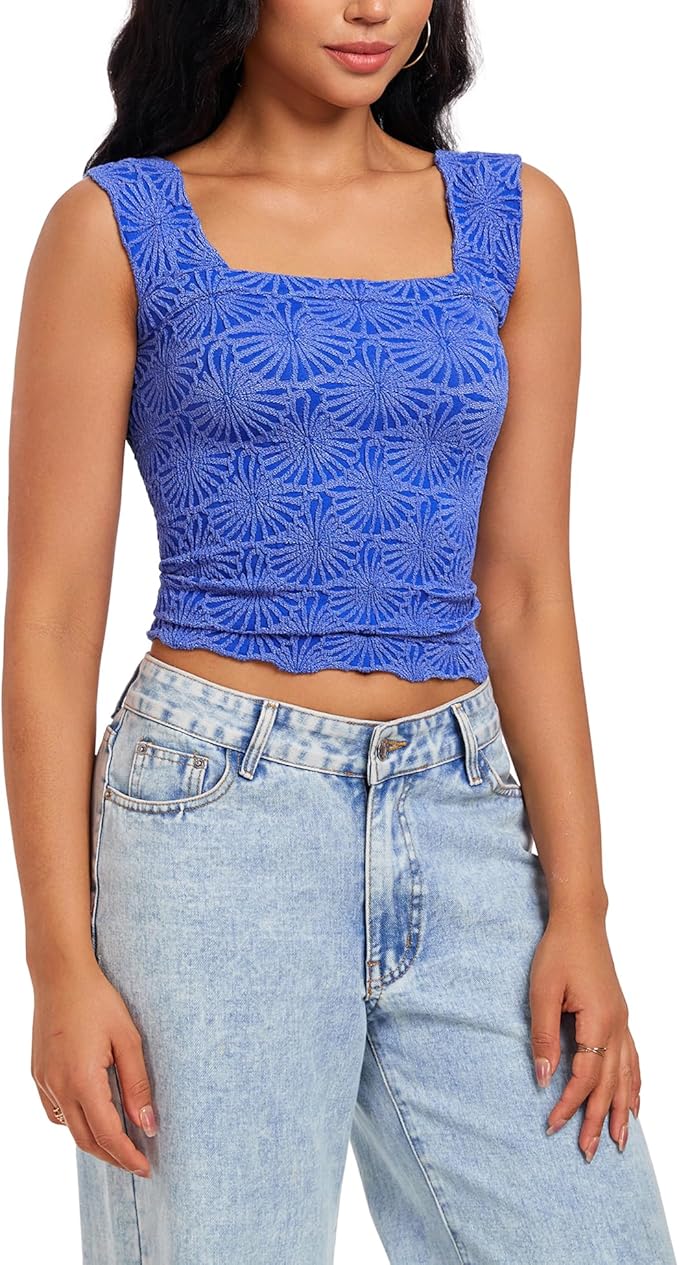 Women's Square Neck Wide Strap Crop Tank Tops Flower Going Out Tops Slim Fit Lettuce Trim Crop Cami Tops - Image 6