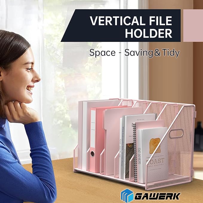 MINDEPOT Desk File Organizer Folder Holder with 5 Vertical for Office, Pink - Image 4