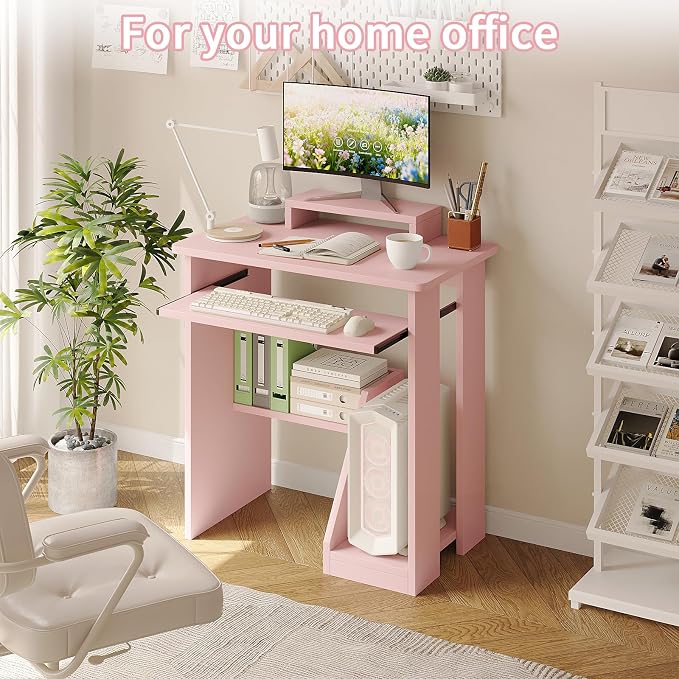 ALISENED 30 Inch Computer Desk, with Keyboard Tray & Monitor Stand | Compact Desk for Space-Saving, Ergonomic Study Desk with Storage Shelves for Writing, Gaming, Working, Pink - Image 8
