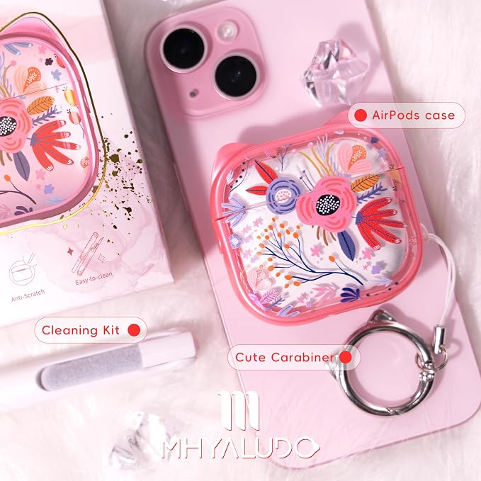 for AirPods 4 Case with Cleaning Kit, Cute Cat Ear Print Design & Cute Buckle, Inverted Phone Holder Design, Top Safe Lock Buckle Design, for Girls AirPods 4 case 2024,Clear Flowers - Image 7