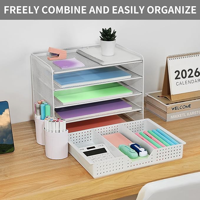 LEKETREE Desk Organizer and Accessories, 5-Tier Paper Letter Tray Organizer with Drawer & 2 Pen Holders for Desktop File Organization, Office Desk Accessories for Supplies Storage (White) - Image 7