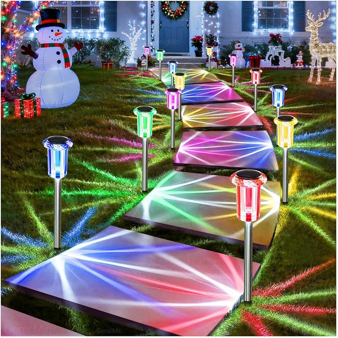 DenicMic Outdoor Solar Lights Waterproof 10 Pack Color LED Christmas Decor | Pathway Yard Garden Driveway Landscape Path Lighting - Candy Cane Style Starburst Light Pattern, Acrylic/Stainless Steel - Image 8