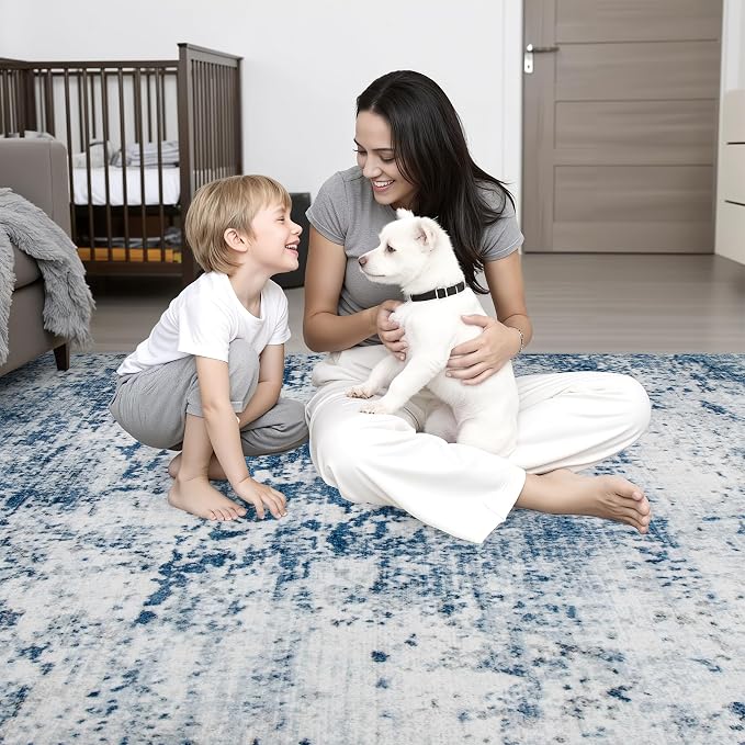Round Area Rug for Living Room: 5 ft Washable Modern Abstract Soft Thin Rug Indoor Floor No Slip Stain Resistant Carpet for Bedroom Dining Room Farmhouse Nursery Home Office - Blue - Image 7