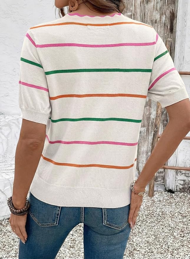 Dokotoo Womens Summer Short Sleeve Knit Tops 2026 Spring Trendy Casual V Neck Striped Sweater Blouses - Image 3