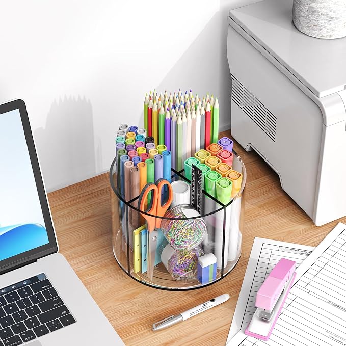 Small Pencil Organizer for Desk Acrylic Art Organizer Clear 4 Compartments | Rotating Art Supply Organizer for Kid, Spinning Marker Caddy Pen Organizer for Desk, Acrylic Pen and Pencil Organizer Storage - Image 6