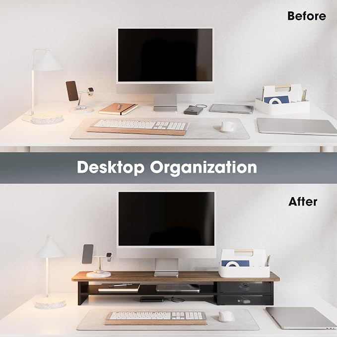 Fenge Monitor Stand, Dual Monitor Riser, 42.5inch Large Desk Computer Monitor Stand Riser with Drawer, 2 Tier Wood & Acrylic Desktop Organizer for Computer, Laptop, Printer, TV Screen Riser - Image 9