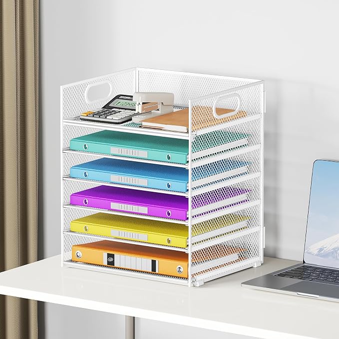 6 Tray Paper Organizer Letter Tray with Handle - Mesh Desk File Organizer, Paper Sorter Organizer for Office, Home or School File Folder Holder - White - Image 6