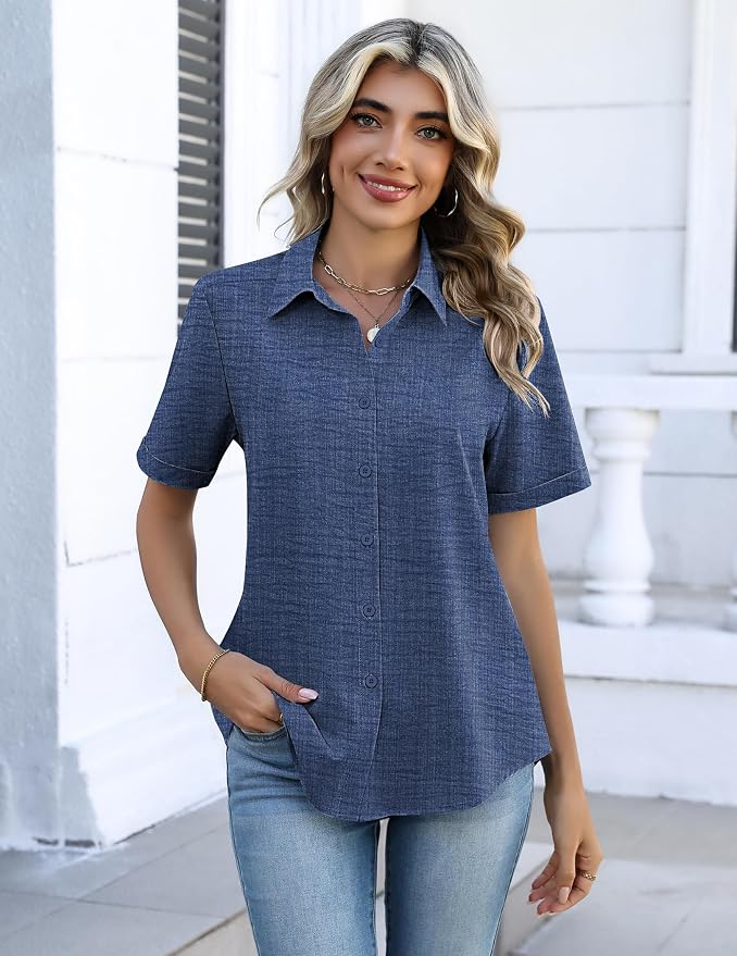 Zeagoo Button Down Shirts for Women Short Sleeve Collared Tops Dressy Casual V Neck Blouses - Image 5