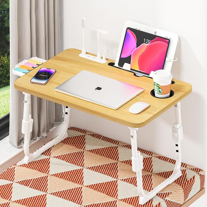 Lap Desk for Bed, Adjustable Laptop Desk with USB Charging Port, Storage Drawer & Bookshelf — Foldable Bed Desk for WFH & Students, 23.6" Desktop Fits 22" Laptop, Non-Slip, Wood - Image 9