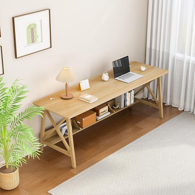NELYE Extra Long Writing Desk with Bookshelf, 71" Wx20 Dx30 H, Oak | Wooden Home Office Work Study Table, Computer Gaming Workstation with Storage Shelf, Sturdy MDF Resists Wobble - Image 7