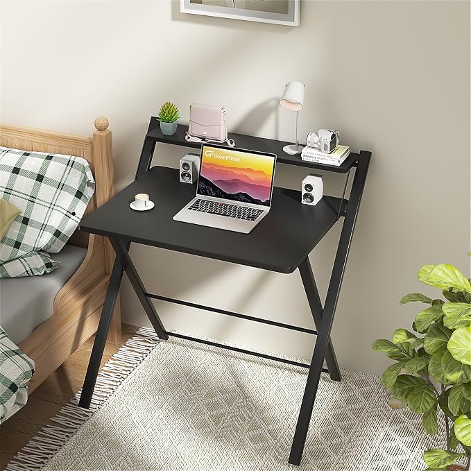 GreenForest Folding Desk No Assembly, Sturdy Computer Desk for Small Spaces | Portable Foldable Table for Laptop, 2-Tier Compact with Shelf, Space Saving for Home Office, Dorm, Apartment 24.5"x 30" Black - Image 9
