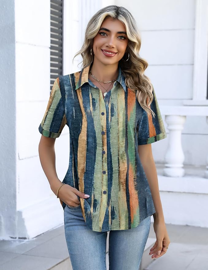 Zeagoo Button Down Shirts for Women Short Sleeve Collared Tops Dressy Casual V Neck Blouses - Image 5