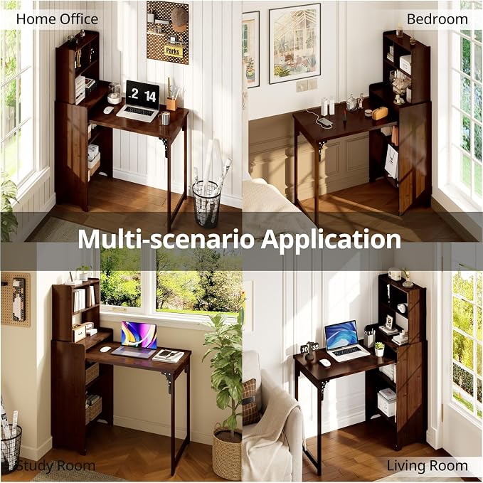 Bamboo Folding Desk with Bookshelf, Foldable Desk for Small Spaces, Brown | Space-Saving Computer Desk with Storage, Compact Size, Writing Study Table for Home Office, Bedroom, Dorm, Apartment - Image 8