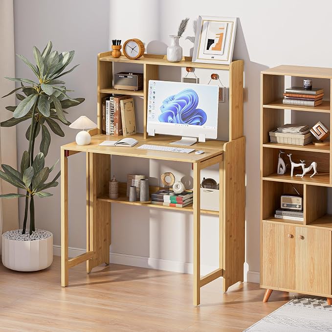 Folding Desk for Small Spaces, Bamboo Foldable Desk with Bookshelf, Natural | Small Computer Desk with Storage, Mid Century, Fold Out,Compact Size, for Bedroom, Living Room, Apartment, Home Office - Image 8