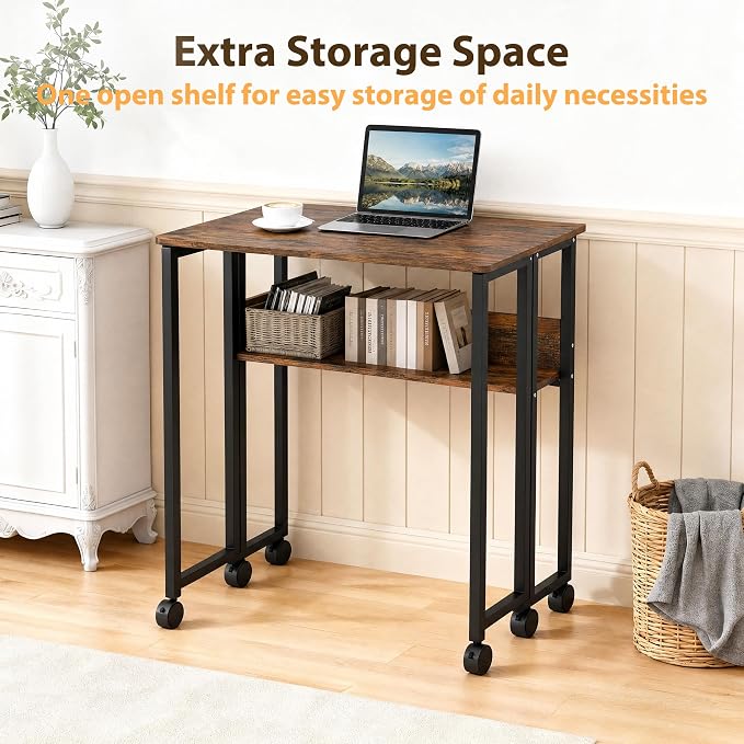 Folding Desk Small Rolling Desk with Storage Shelf,24.8 Inch Foldable Computer Table with Wheels,Portable Office Desk for Small Space Sofa Table,Easy to Fold,Writing Work Office Computer Desk,Walnut - Image 8