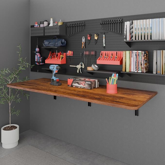 IAE 48x22in Floating Fold Desk,Wall-Mounted Folding Computer Table,Rustic | Study Table with Shelf Brackets,Foldable Down Shelf with Engineered Wood,Fold Computer Desk for Small Apartment,Holds 506 lb - Image 7
