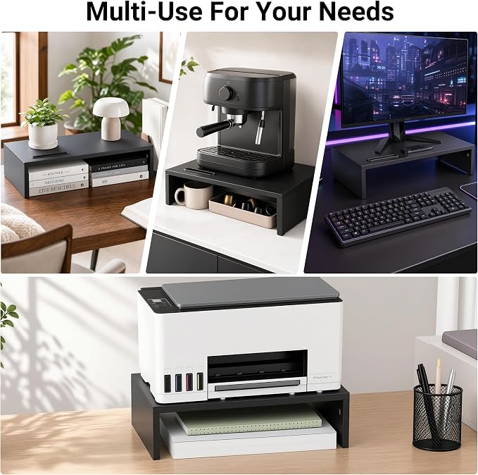 1home Monitor Stand Riser, 16.7 Inch Wood Monitor Riser Stand with Storage Organizer, Desktop Ergonomic Monitor Stand Riser with Cellphone Holder and Cable Management, Black | 16.7 Inch Wood Monitor Riser Stand, Desktop Stand for PC/TV/Laptop/Printer, ... - Image 8