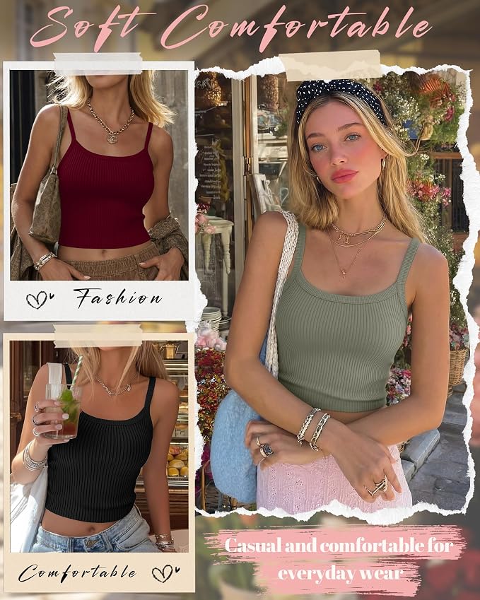 Ficerd 3 Pack Women's Tank Tops 95% Cotton Spaghetti Strap Ribbed Crop Camisole Slim Fitted Basic Summer Sleeveless Layer - Image 5