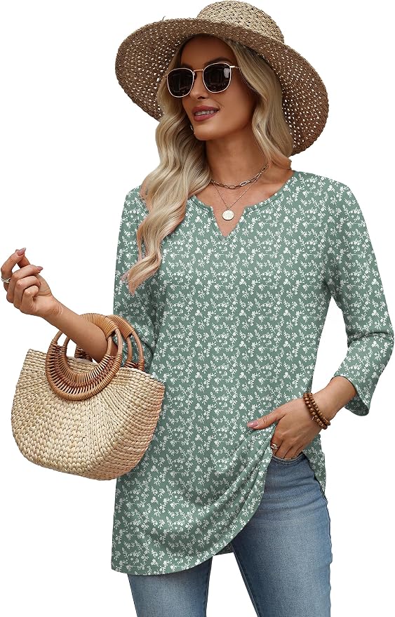 OFEEFAN Summer Boho Tops For Women 3/4 Length Sleeve Womens Tops Vacation Outfits - Image 5
