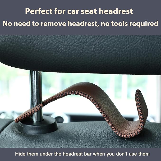 Amooca Car Seat Headrest Hook 4 Pack Metal Core Hanger Universal Car Storage Organizer for Handbag Purse Coat S Type Leather Brown - Image 6