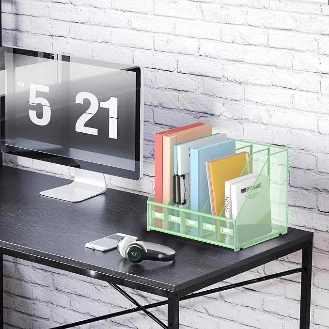 SUPEASY Desk Organizers Metal Desk Magazine File Holder with 5 Vertical Compartments Rack File Organizer for Office Desktop, Classroom, Home Workspace, Green - Image 6