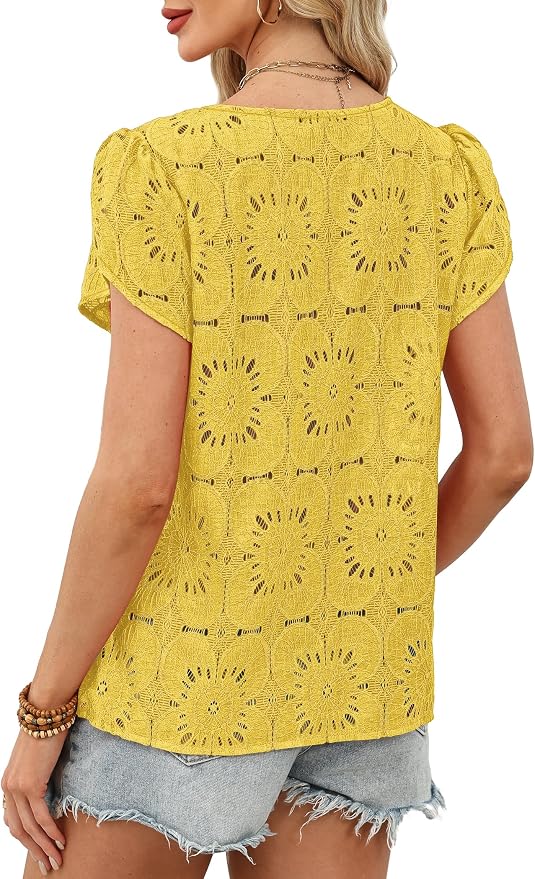 OFEEFAN Blouses for Women Dressy Casual Petal Short Sleeve Shirts Crochet Lace Boho Tops Spring Fashion Summer Outfits - Image 5