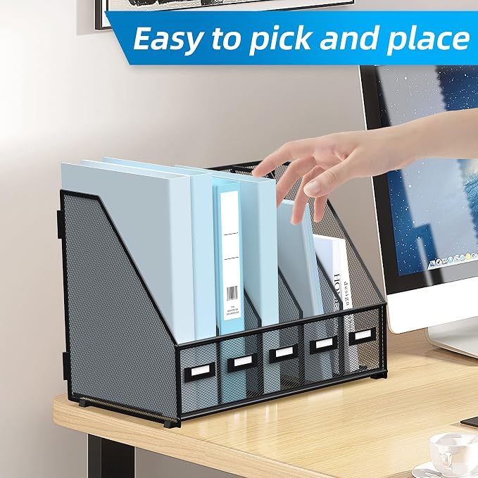 SUPEASY Desk Organizers Metal Desk Magazine File Holder with 5 Vertical Compartments Rack File Organizer for Office Desktop, Classroom, Home Workspace, Black - Image 7