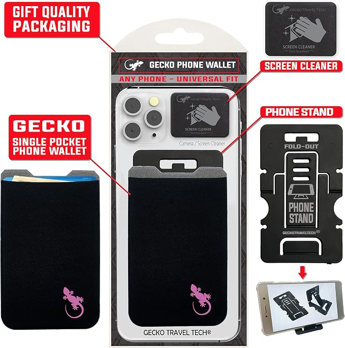 Phone Wallet - Adhesive Card Holder - Cell Phone Pouch - Stick on Lycra Pocket by Gecko - Carry Credit Cards and Cash - Image 9