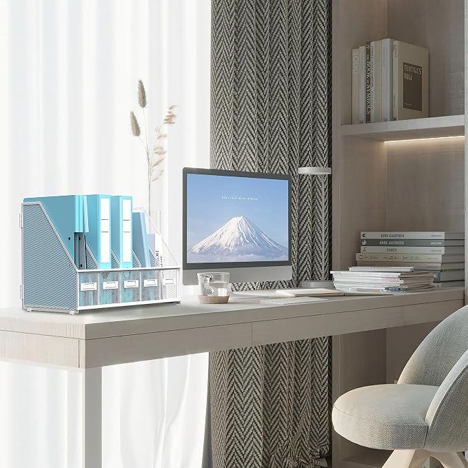 SUPEASY Desk Organizers Metal Desk Magazine File Holder with 5 Vertical Compartments Rack File Organizer for Office Desktop, Classroom, Home Workspace, White Plus - Image 7