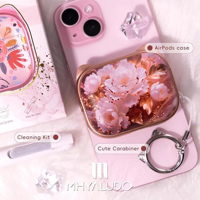 for AirPods Pro 2 Case with Cleaning Kit, Cute Cat Ear Print Design & Cute Buckle for Girls, Phone Holder & Top Safe Lock Buckle Design for AirPods Pro 2nd/1st Gen case, Rose Gold Peony - Image 7