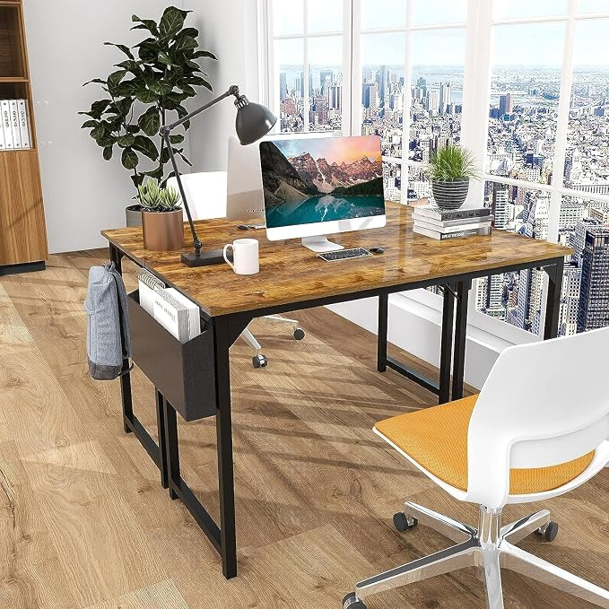 Sweetcrispy 55-Inch Small Computer Desk for Bedroom, Brown | Gaming Writing Work and Study Desk for Home Office, Sturdy Metal Frame and Compact Modern Design with X-Shaped - Image 8