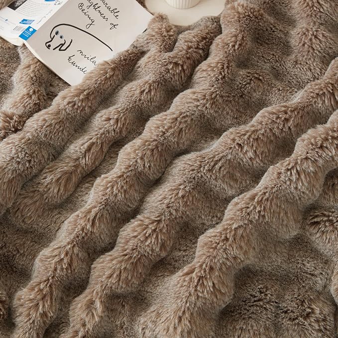 COOVA Faux Fur Throw Blanket for Couch, Cozy Soft and Fuzzy Plush Rabbit Fur Bubble Blanket for Sofa Bedroom Living Room, 50x60 Inches Cationic Brown - Image 5