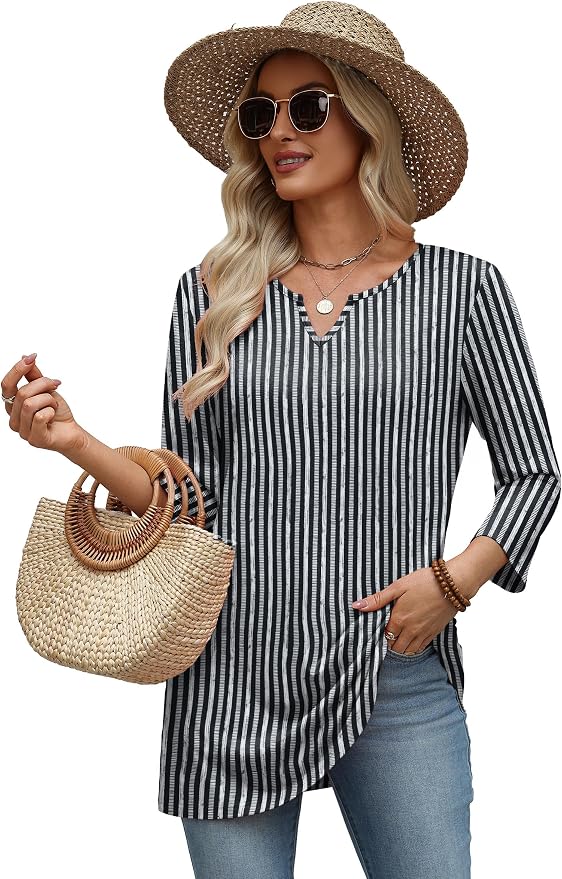 OFEEFAN Summer Boho Tops For Women 3/4 Length Sleeve Womens Tops Vacation Outfits - Image 5