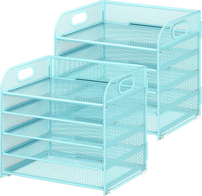 Cawukege 2 Pack 5 Tier Paper Organizer, Letter Tray with Handle, Mesh Desk Organizer, Metal File Organizer, Office Desk Accessories for Home, Office, Classroom, School -Blue - Image 9