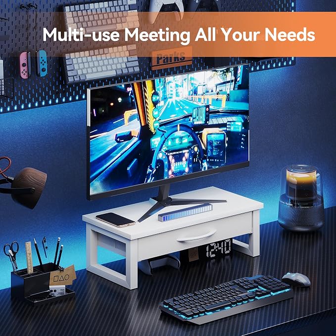 Desk Organizers and Accessories, Computer Monitor Stand Riser with Drawer, White Laptop Stand for Desk with Storage, Office Organization, Wood - Image 8