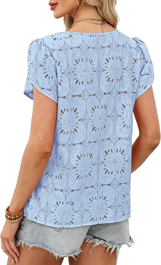 OFEEFAN Blouses for Women Dressy Casual Petal Short Sleeve Shirts Crochet Lace Boho Tops Spring Fashion Summer Outfits - Image 5