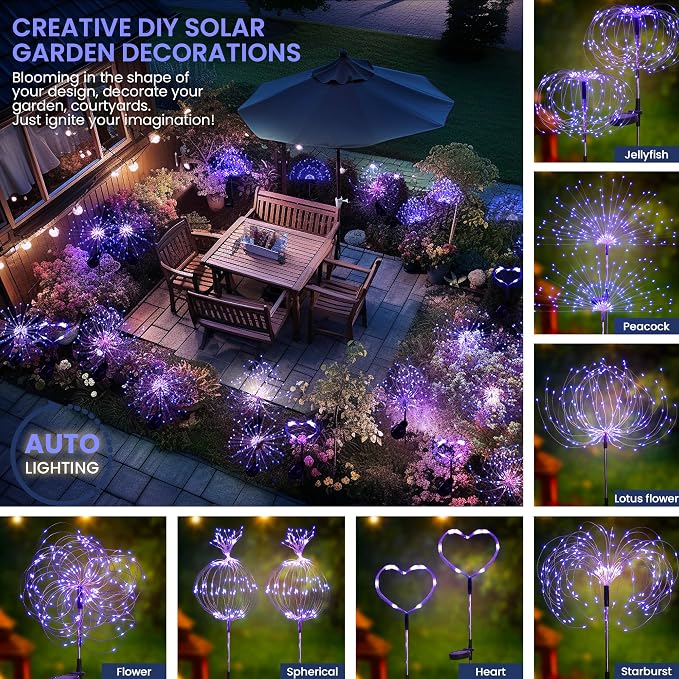 GIGALUMI Garden Outdoor Decor Lights 120LED 4Pack, Solar Garden Lights for Yard Outside Fairy Decorative,Solar Powered for Yard Pathway Flowerbed Planter Balcony Patio Decor(Purple) - Image 7