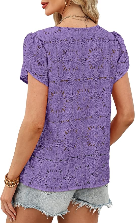 OFEEFAN Blouses for Women Dressy Casual Petal Short Sleeve Shirts Crochet Lace Boho Tops Spring Fashion Summer Outfits - Image 5