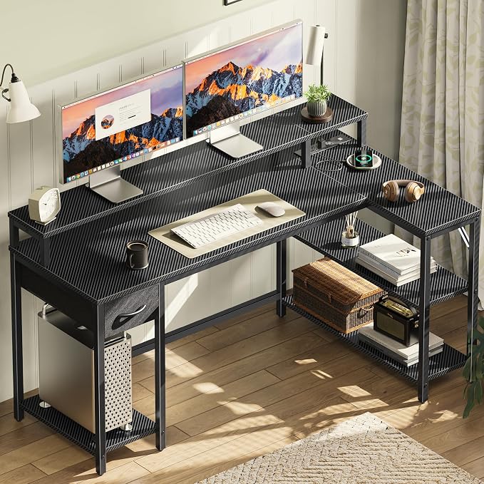 SUPERJARE 53 inch Reversible L Shaped Desk with LED Lights & Power Outlets, Computer Desk with Shelves & Monitor Stand, Gaming Desk with Drawer, Home Office Desk, Carbon Fiber Black - Image 9