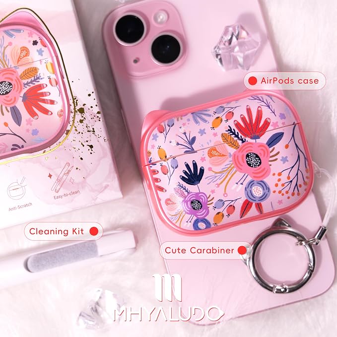 for AirPods Pro 2 Case with Cleaning Kit, Cute Cat Ear Print Design & Cute Buckle for Girls, Phone Holder & Top Safe Lock Buckle Design for AirPods Pro 2nd/1st Gen case, Pink Flower - Image 7