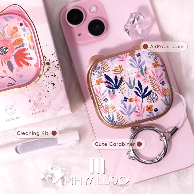 for AirPods 4 Case with Cleaning Kit, Cute Cat Ear Print Design & Cute Buckle, Inverted Phone Holder Design, Top Safe Lock Buckle Design, for Girls AirPods 4 case 2024, Rose Gold Leaves - Image 7