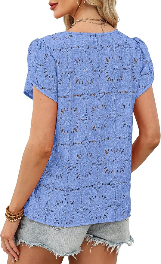 OFEEFAN Blouses for Women Dressy Casual Petal Short Sleeve Shirts Crochet Lace Boho Tops Spring Fashion Summer Outfits - Image 5