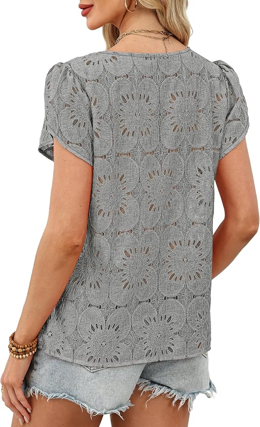 OFEEFAN Blouses for Women Dressy Casual Petal Short Sleeve Shirts Crochet Lace Boho Tops Spring Fashion Summer Outfits - Image 5