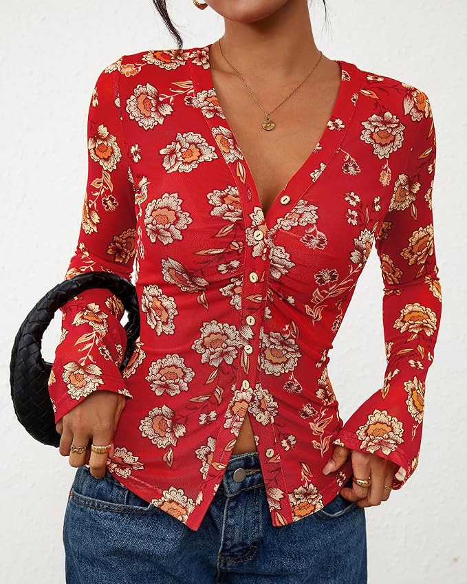 BTFBM Button Down Shirts for Women 2026 Fall Boho Tops V Neck Long Sleeve Blouses Ruched Mesh Fitted Fashion Clothing - Image 8