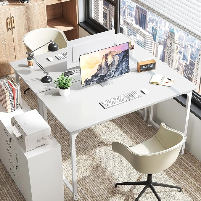 Huuger Computer Desk, 48 Inch Office Desk, Gaming Desk with Storage, Writing Desk Work Desk for Home Office, Study, Modern Simple Desk, Large Legroom, Metal Frame, White - Image 9