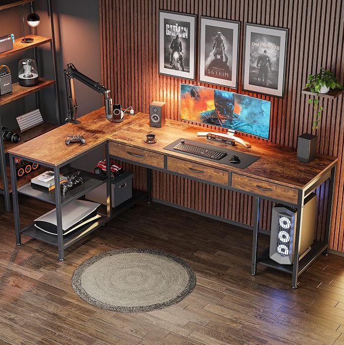 PRAISUN 63 Inch L Shaped Office Desk with Power Outlets and Type-C Port, Large Computer Gaming Desk with 3 Fabric Drawers, Mesh Shelves, Corner Study Work Writing Desk, Rustic Brown - Image 9
