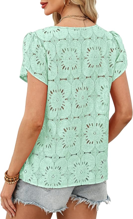 OFEEFAN Blouses for Women Dressy Casual Petal Short Sleeve Shirts Crochet Lace Boho Tops Spring Fashion Summer Outfits - Image 5
